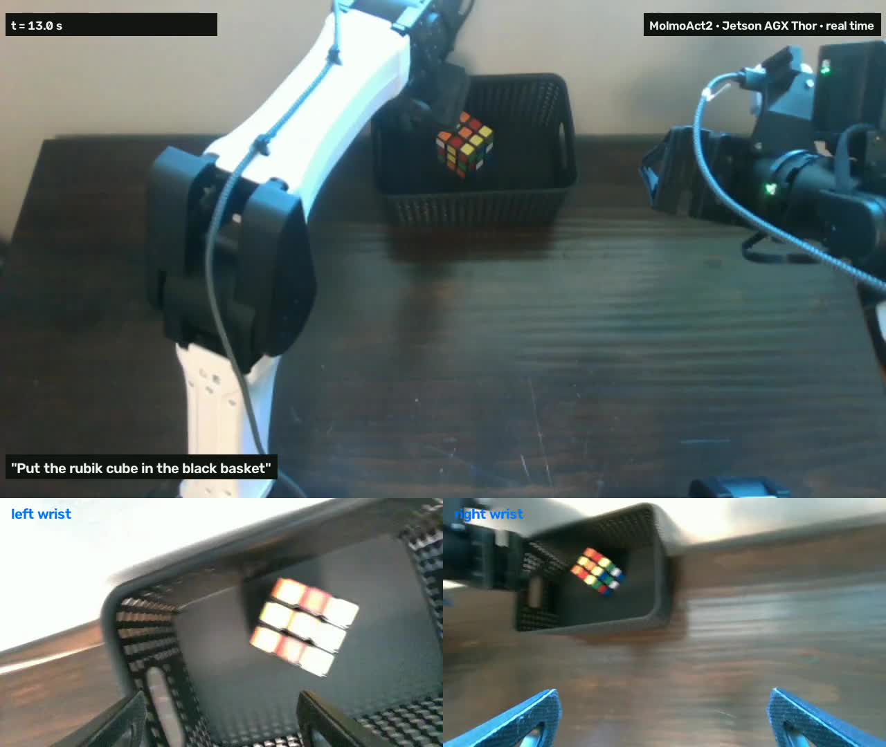 MolmoAct2 running on Jetson AGX Thor and placing a Rubik's cube in a black basket with two YAM arms